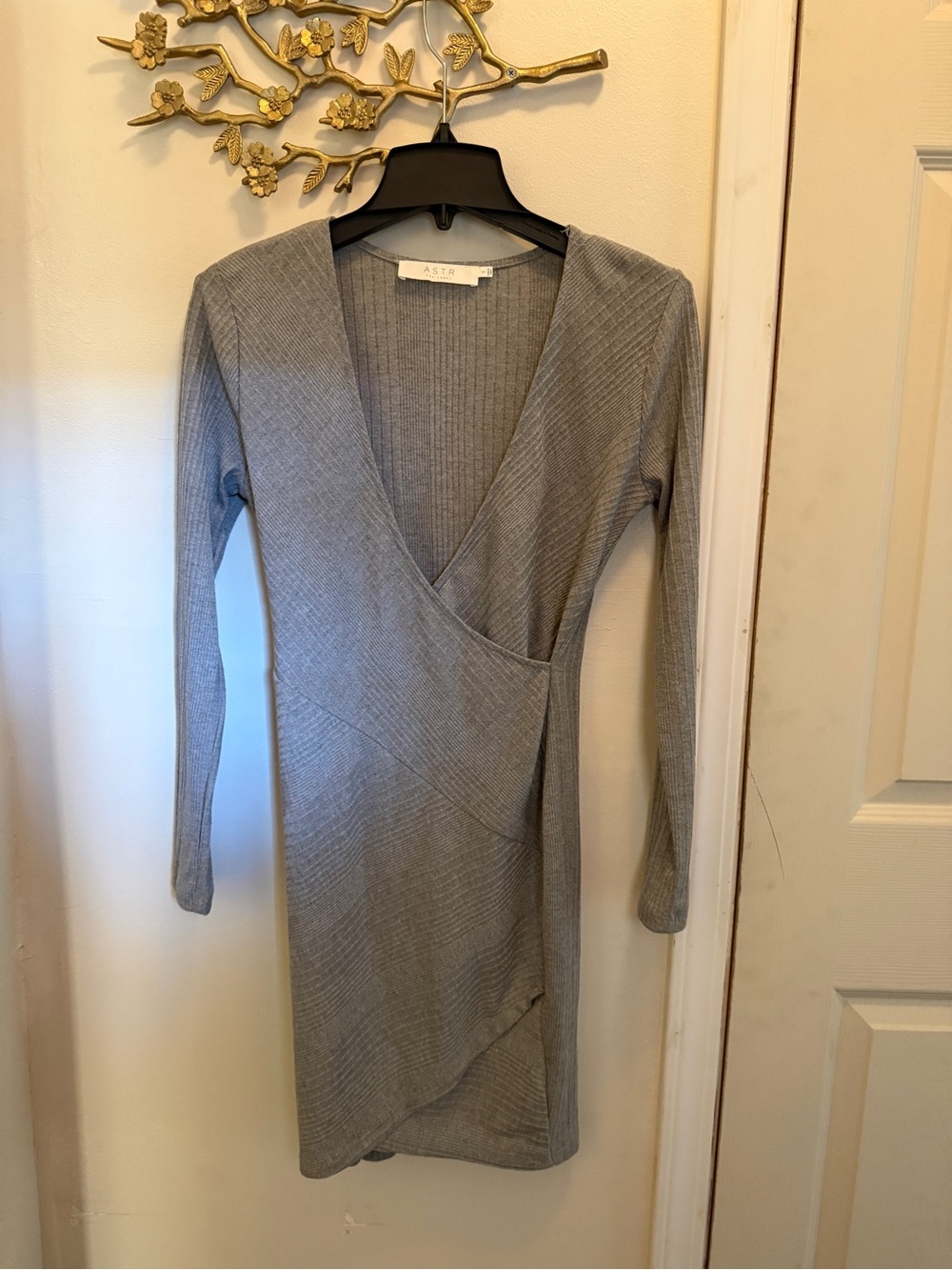 ASTR Light Gray Ribbed Wrap Dress
